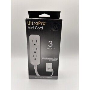 GE UltraPro Mini Cord 3 Outlet Power Strip Flat Plug Braided Cord 45190 White